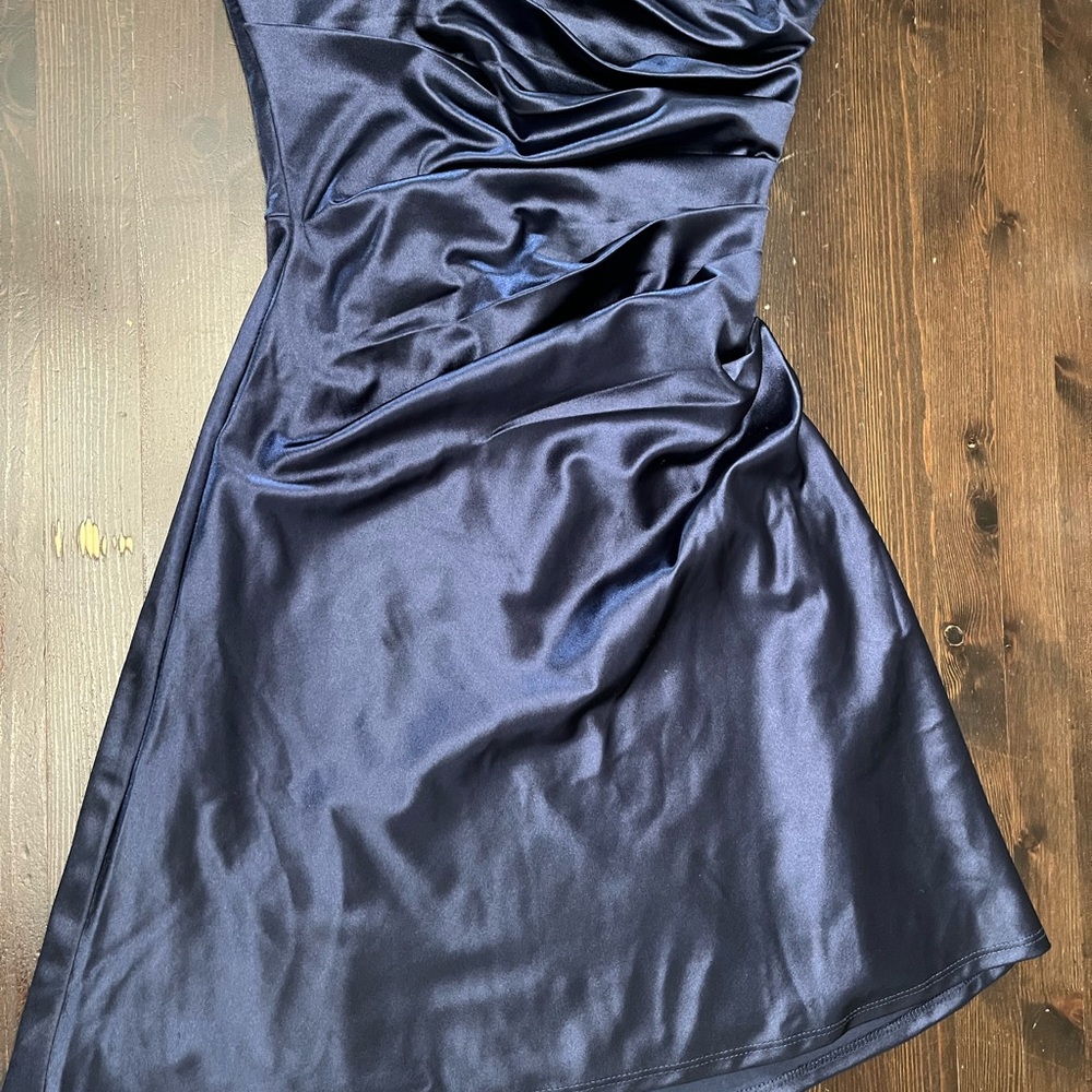 Windsor Navy Satin Midi Dress with Side Ruching